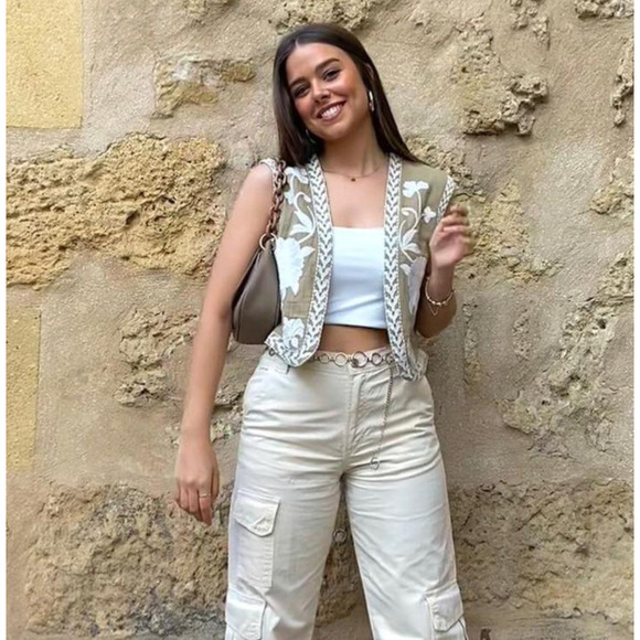 ZARA Embroidered Vest NWT | Khaki Open-Front Waistcoat Boho Chic M/L - Picture 12 of 16